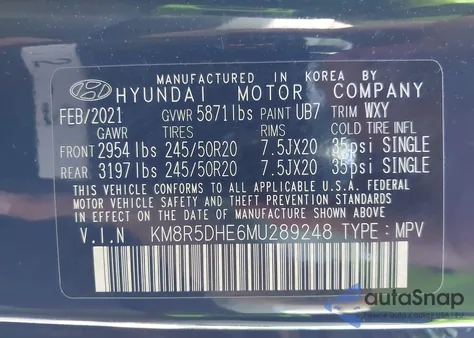 2021 Hyundai Palisade Limited z USA, uszkodzony, nr VIN KM8R5DHE6MU289248